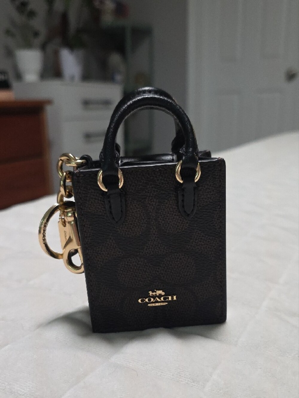 Coach Brown Mini Tote Key Charm with Black Handles